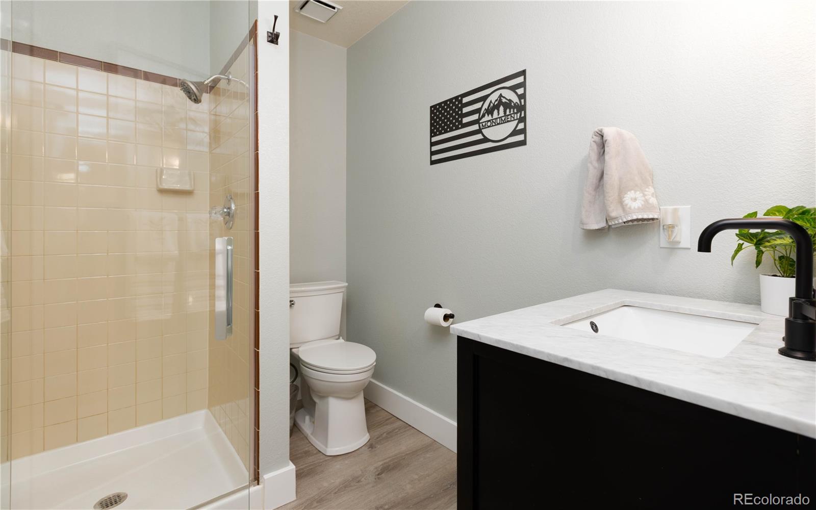 17840 New London Road Monument, CO 80132 - Photo 18 of 47 a bathroom with a sink a toilet and shower