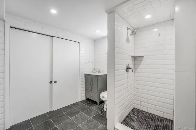 a bathroom with a shower and a toilet