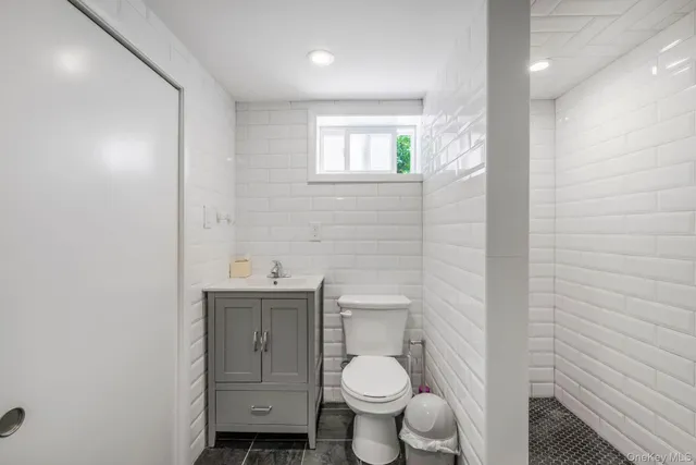 a bathroom with a toilet a sink a mirror and vanity