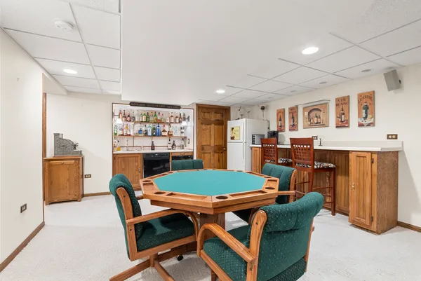 a view of a dining room with furniture