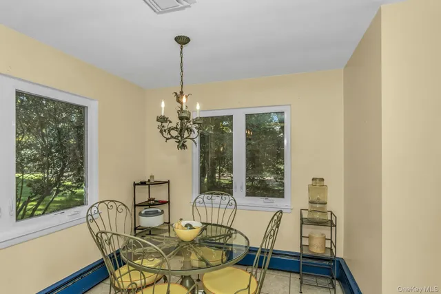 a view of a dining room with furniture window and outside view