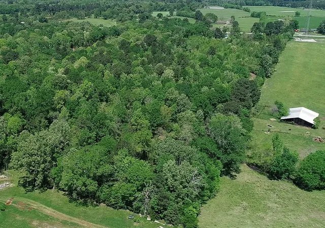 an aerial view of residential house with outdoor space and trees all around