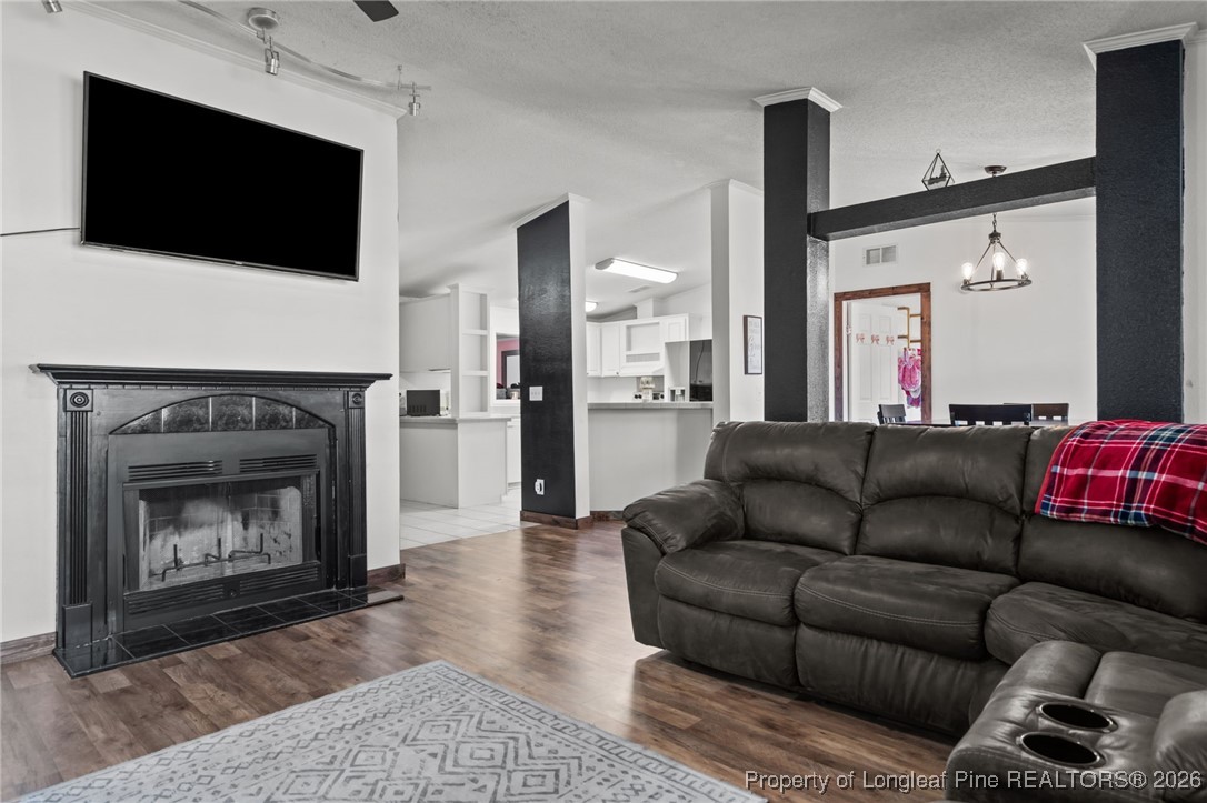 26261 Beaver Run Wagram, NC 28396 - Photo 19 of 50 a living room with furniture a flat screen tv and a fireplace