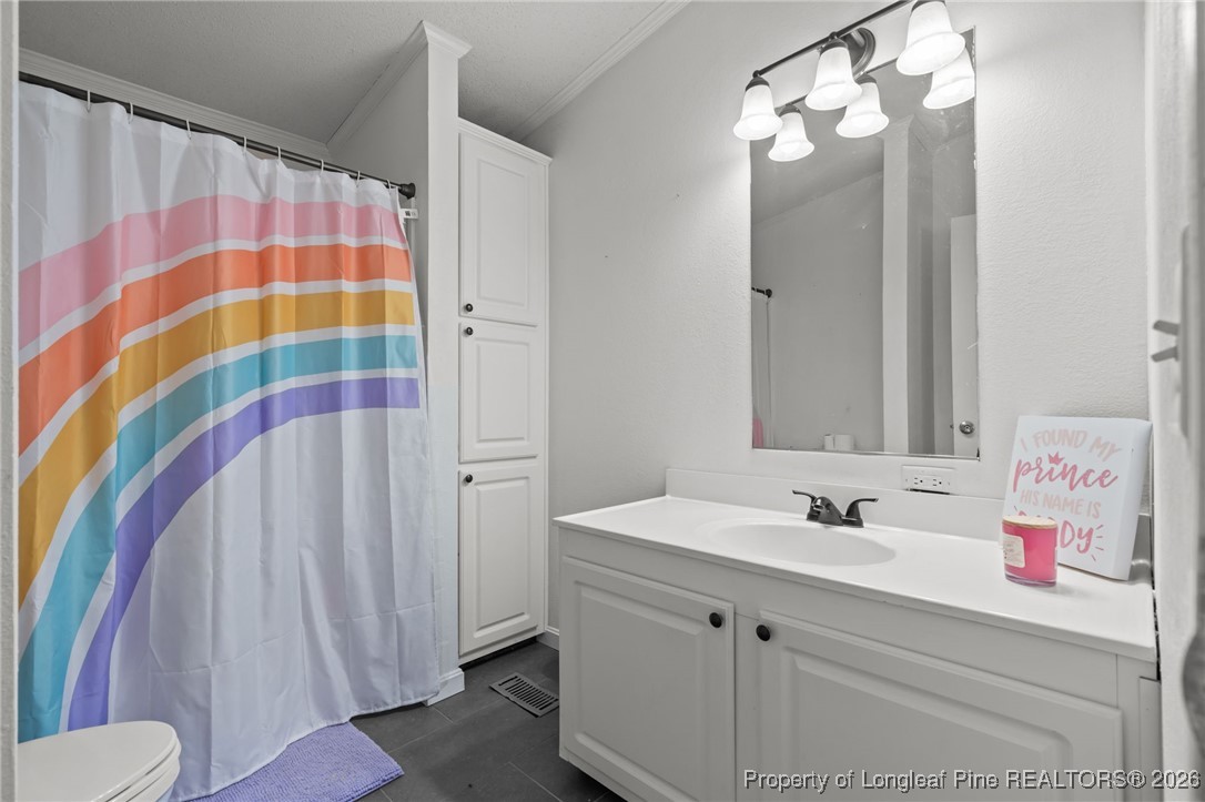 26261 Beaver Run Wagram, NC 28396 - Photo 20 of 50 a bathroom with a sink a toilet and shower curtain