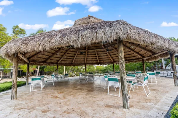 front view of a house with a patio