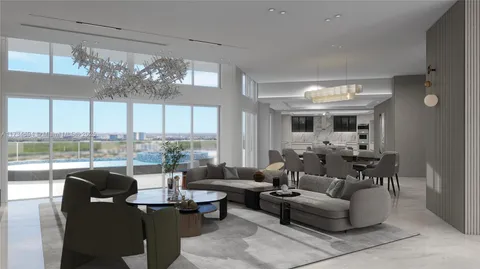 a living room with furniture potted plant and a large window