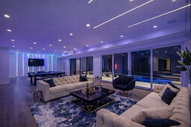 a living room with furniture and a potted plant