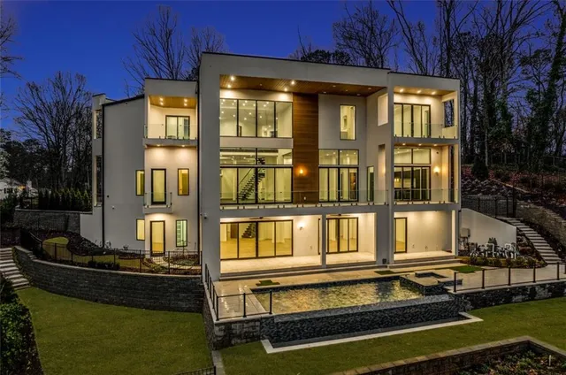 front view of a building with a swimming pool