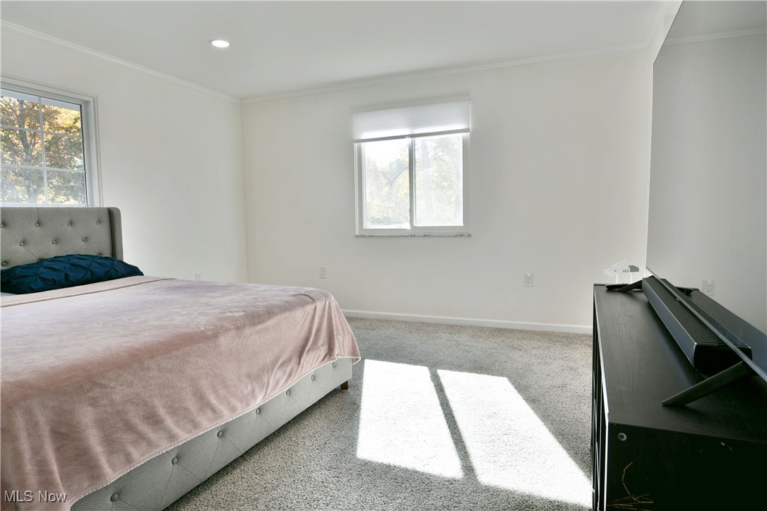 9633 Howland Springs Road Southeast Warren, OH 44484 - Photo 27 of 50 Carpeted bedroom featuring ornamental molding, multiple windows, and recessed lighting