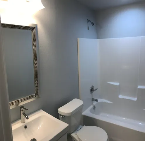 a bathroom with a sink mirror and toilet