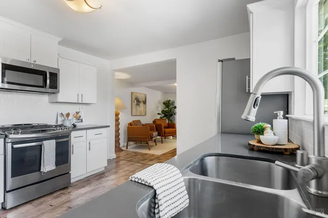 a living room with furniture and a potted plant