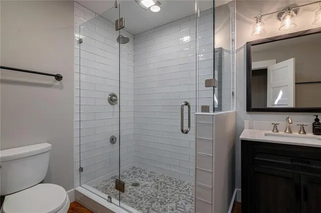 a bathroom with a toilet sink vanity and shower