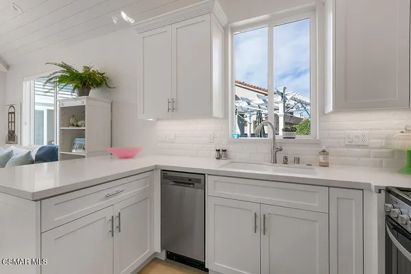 a aerial view of a house with a yard and potted plants