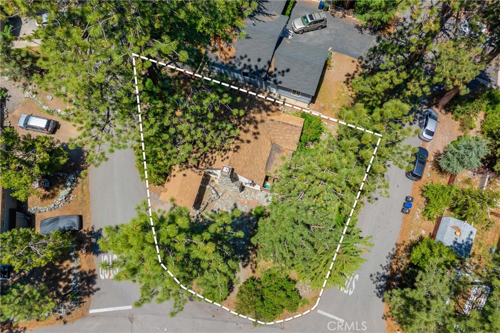an aerial view of residential house with outdoor space and trees all around