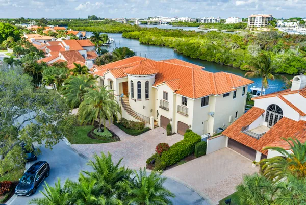 an aerial view of a house with a garden