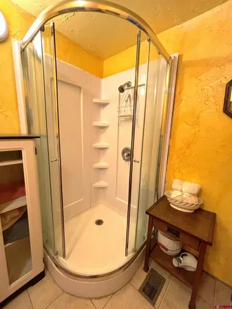 a bathroom with a shower and a mirror