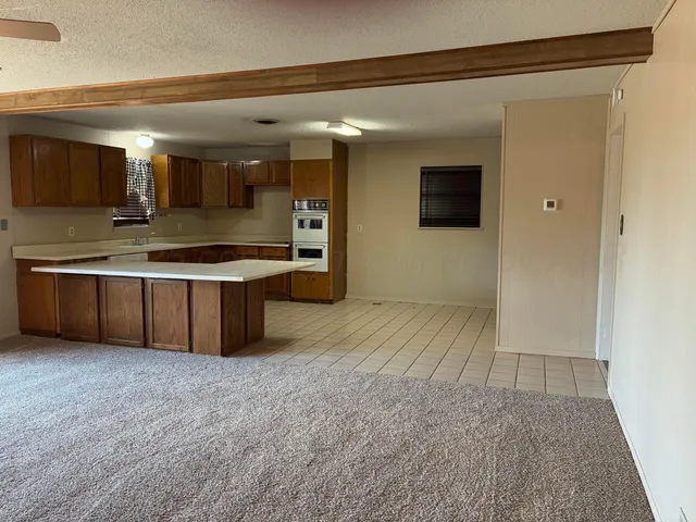 a view of kitchen with stainless steel appliances granite countertop a sink and a refrigerator