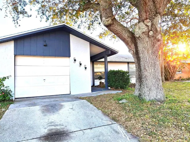 a backyard of a house with large trees and plants