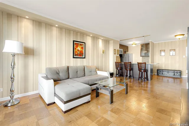 a living room with furniture and a table