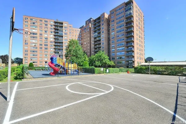 an outdoor space with building view
