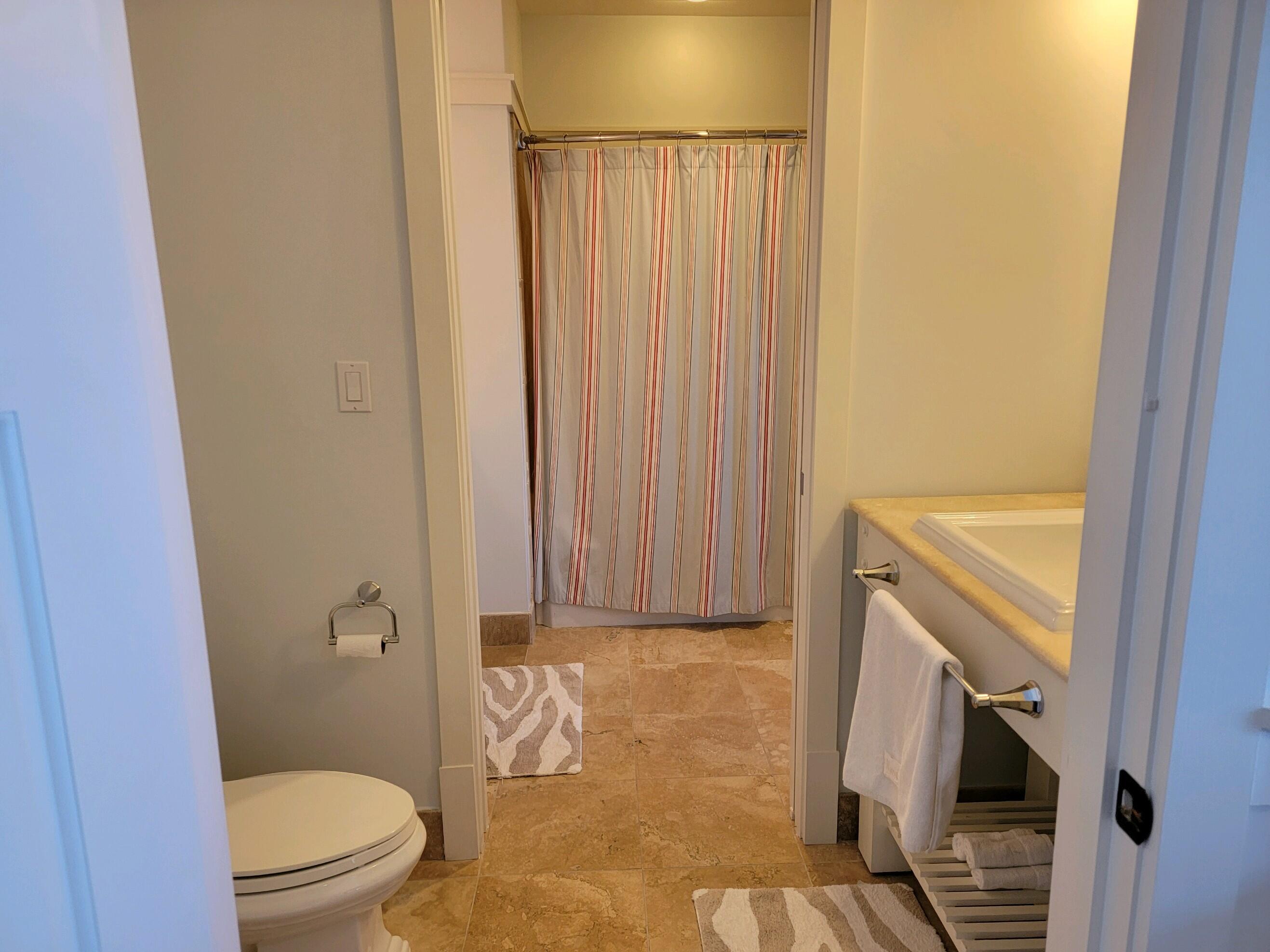 99 Compass Point Way South, Unit 402 Inlet Beach, FL 32461 - Photo 16 of 36 a bathroom with a granite countertop sink toilet and shower