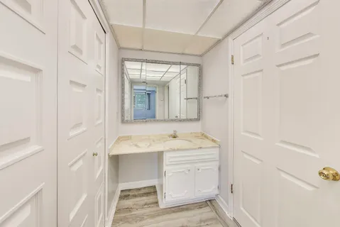 a bathroom with a sink and a mirror