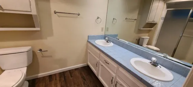 a white toilet sitting next to a bathroom sink