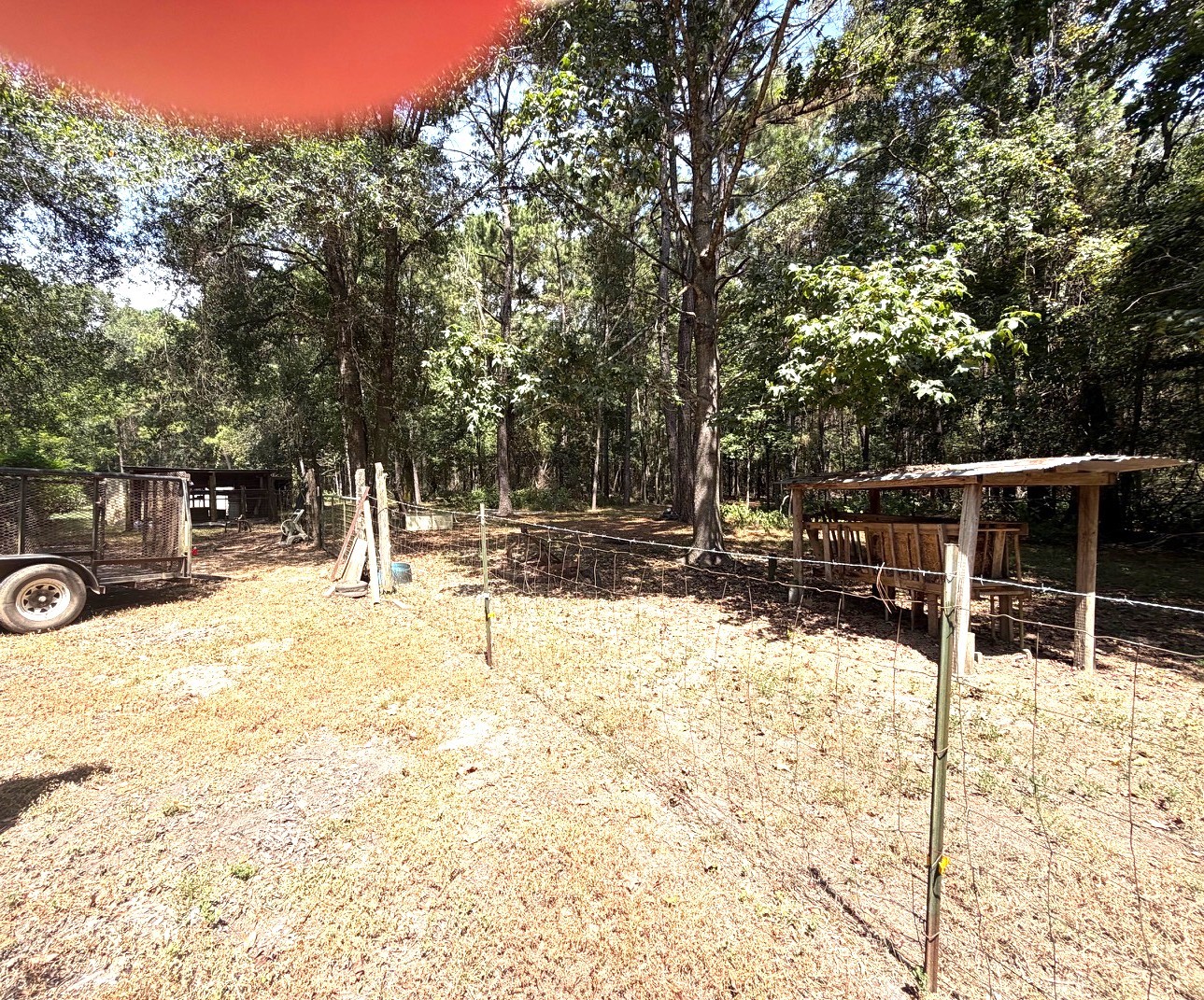 3080 Lee Turner Road Cleveland, TX 77328 - Photo 45 of 48 Fenced outdoor area surrounded by mature trees offers a versatile space for livestock, gardening, or hobby-farm use, with a covered shelter and plenty of natural shade.