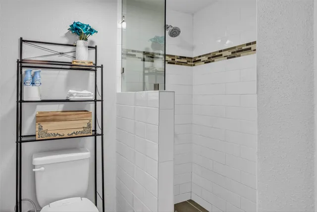 a bathroom with a shower and a toilet