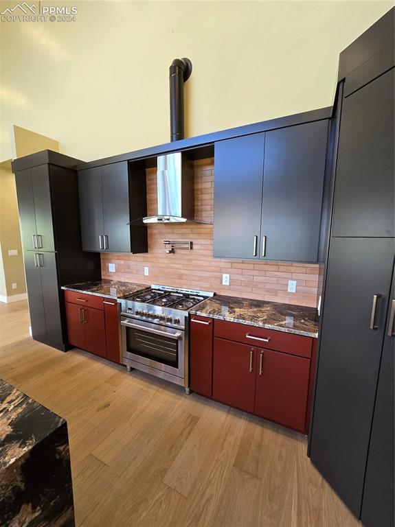 33036 Meadow Ridge Lane Trinidad, CO 81082 - Photo 19 of 50 Kitchen with light hardwood / wood-style floors, tasteful backsplash, dark stone counters, and stainless steel range oven