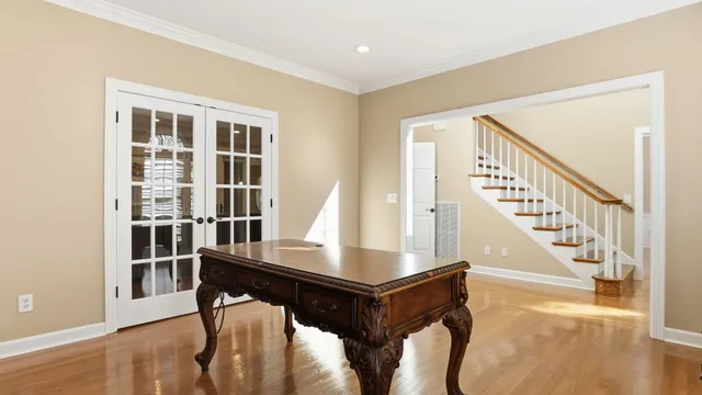a view of a porch with wooden floor