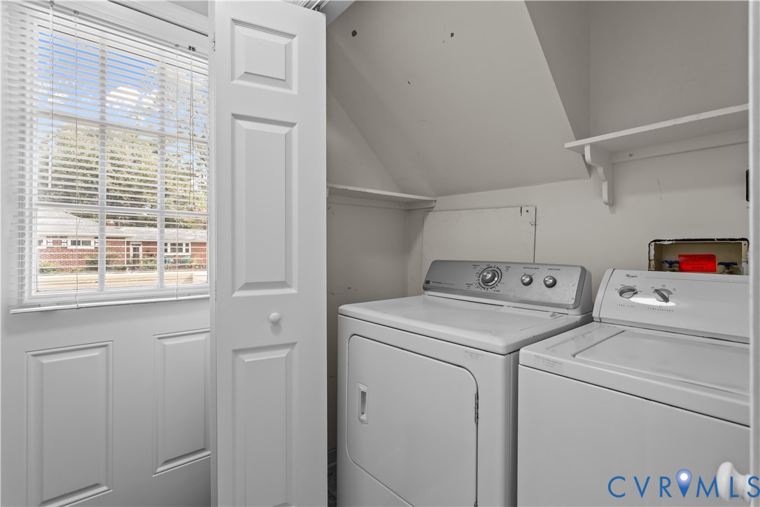 4801 Penick Road Richmond, VA 23228 - Photo 19 of 39 Laundry area featuring lofted ceiling and washer a