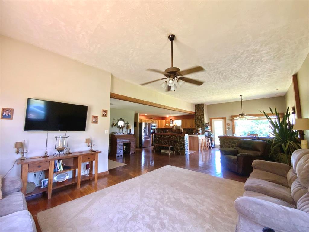 Living room, dining room and kitchen