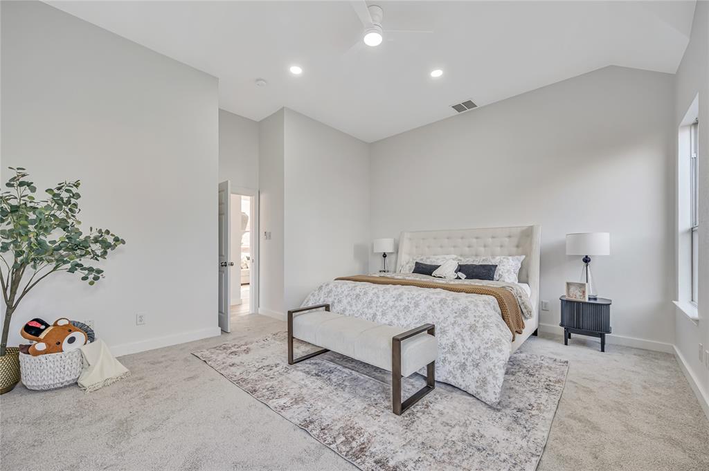 4609 Forest Park Road Plano, TX 75024 - Photo 15 of 24 Carpeted bedroom featuring a ceiling fan, recessed lighting, and lofted ceiling