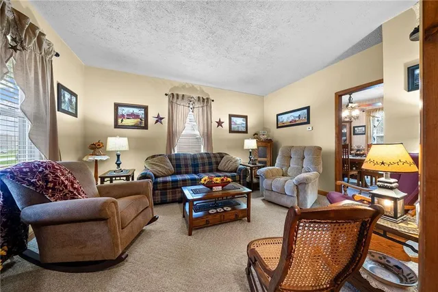 a living room with furniture and a lamp