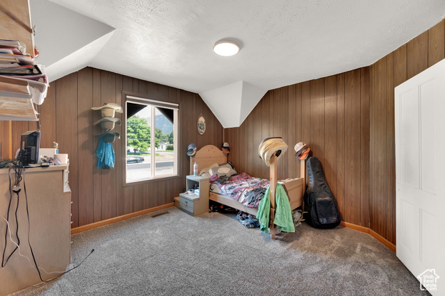 1632 South Main Street Springville, UT 84663 - Photo 12 of 93 Bedroom featuring wood walls, carpet flooring, lofted ceiling, and a textured ceiling