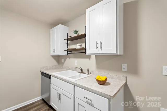 a kitchen with a sink a stove and cabinets