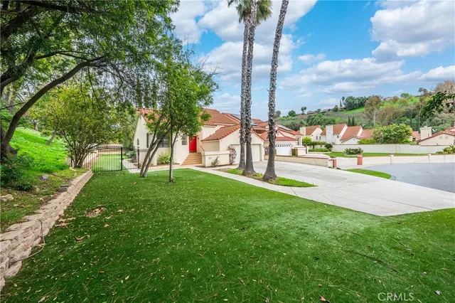 a view of a park with large trees