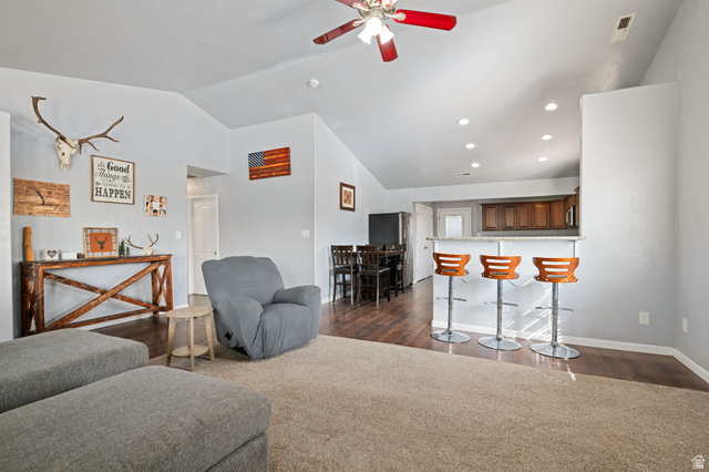 348 North Lodge Road Central, UT 84722 - Photo 20 of 25 Living room with vaulted ceiling, dark wood-style flooring, ceiling fan, and recessed lighting