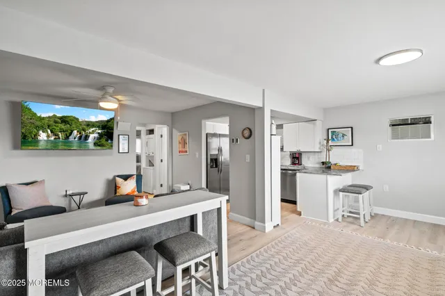 a view of a dining room with furniture