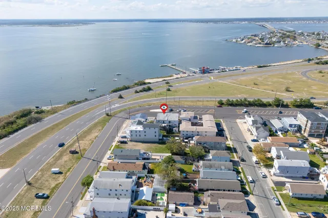 an aerial view of a swimming pool