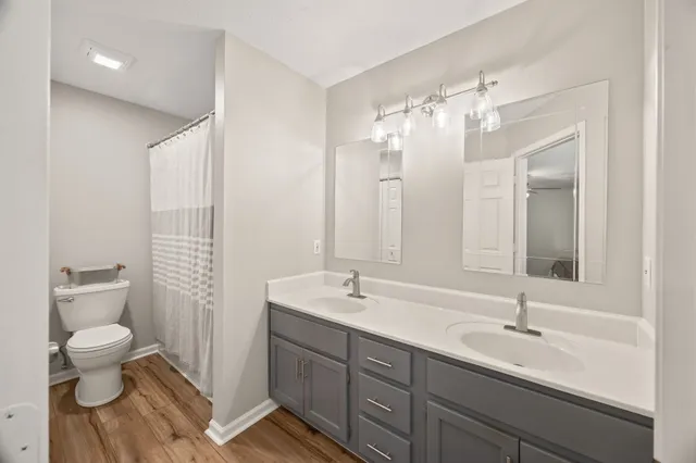a bathroom with a double vanity sink toilet and a mirror
