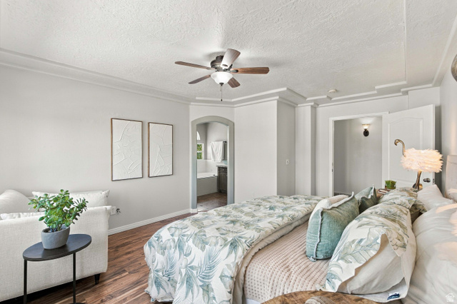 926 Ibis Way Draper, UT 84020 - Photo 13 of 41 Large primary bedroom with recessed ceiling and arch leading to en suite bathroom.