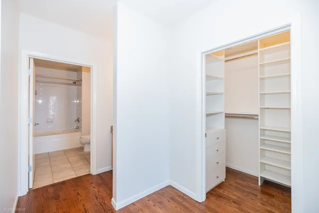 a view of walk in closet with empty racks