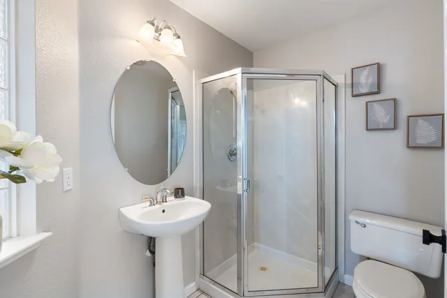 a bathroom with a sink a mirror a toilet and shower