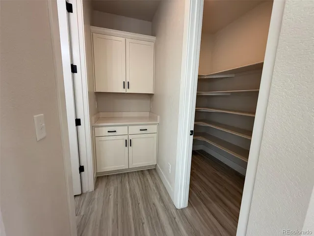 a view of a walk in closet with wooden floor
