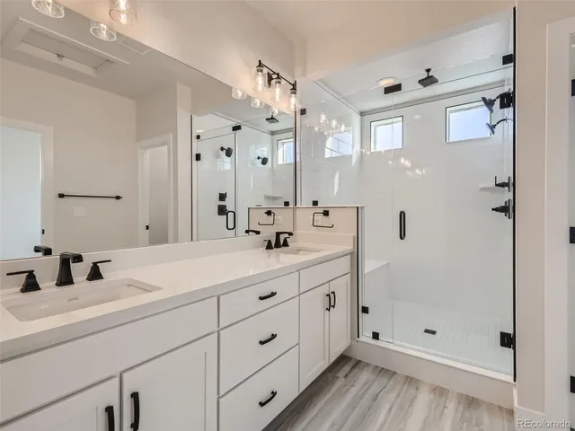 a bathroom with a shower sink and mirror