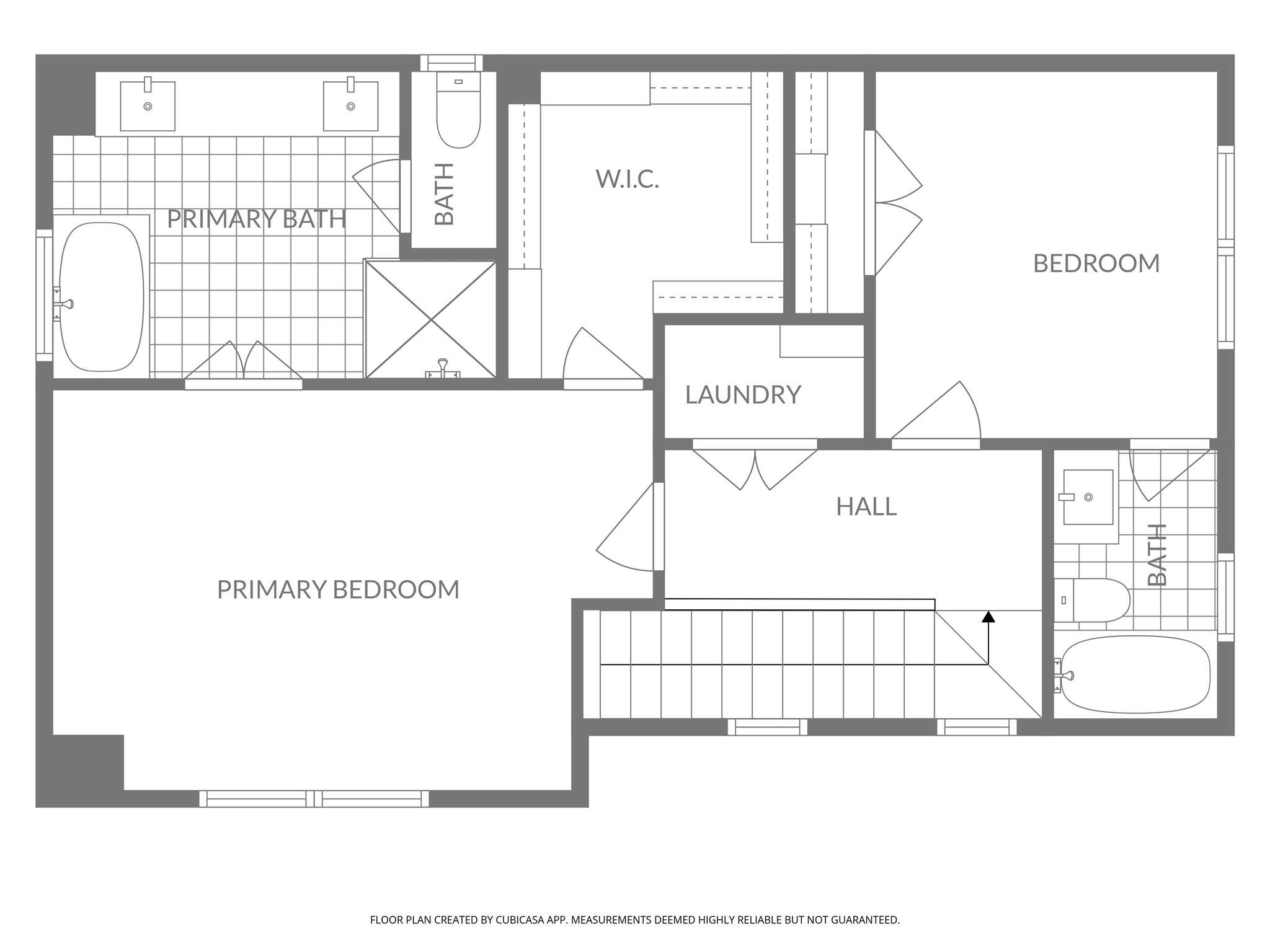111 Milby Street Houston, TX 77003 - Photo 39 of 39 This floor plan features a spacious primary bedroom with an en-suite bath, a secondary bedroom, another full bathroom, and a convenient laundry area. The layout includes a walk-in closet and a hall connecting the rooms.