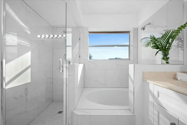 a bathroom with a shower a sink and a large mirror