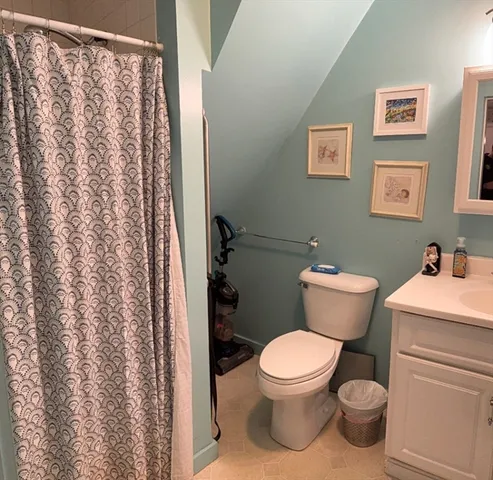a white toilet sitting next to a shower curtain